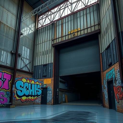 Exterior shot of Industrial Warehouse with graffiti art